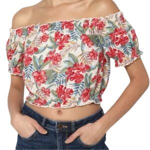 AMERICAN EAGLE Hawaiian Print Linen/Cotton Crop Top Red Flowers Off Shoulder L
